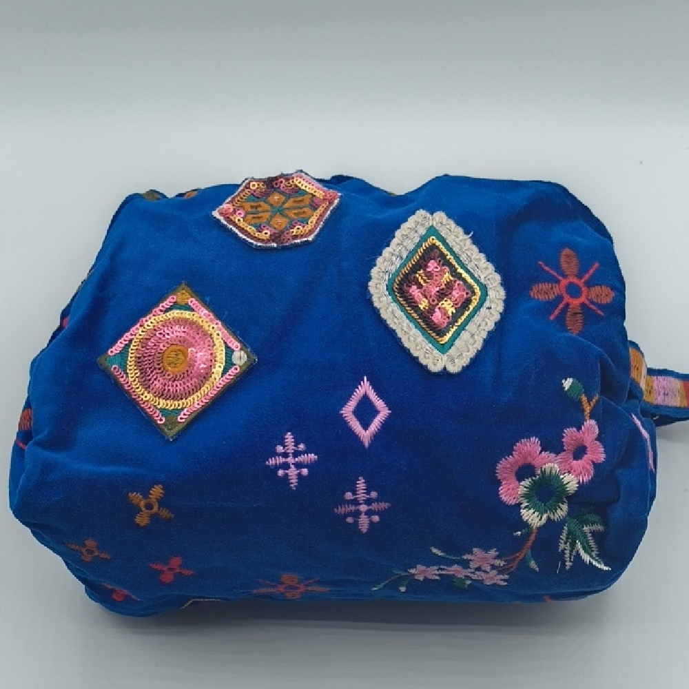 NWT Johnny Was MARGOT Patched Makeup Blue Cosmetic Cotton Bag